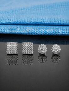 rakol 4pcs Women's Geometric Rectangular Fashion Elegant Versatile Cubic Zirconia Decor Stud Earrings Set Suitable For Daily Wear - Multicolor - View 2