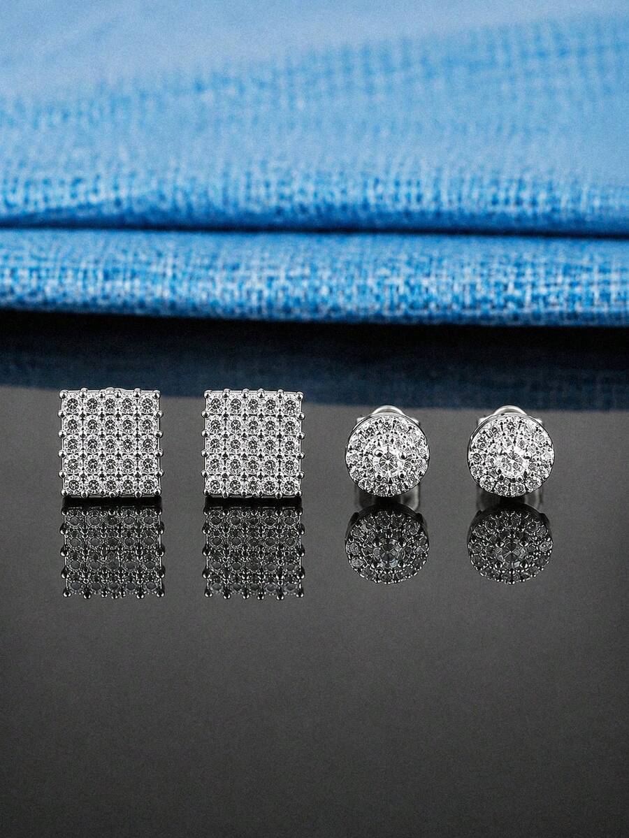 rakol 4pcs Women's Geometric Rectangular Fashion Elegant Versatile Cubic Zirconia Decor Stud Earrings Set Suitable For Daily Wear