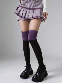 Purple Patchwork Over-The-Knee Socks, Color Block Socks For Women, Thickened Autumn/Winter Warm, Japanese Style Pure Cotton High Tube Long Socks - Multicolor - View 2