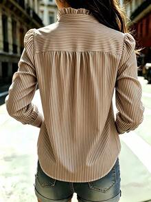 Women's Blue Striped Shirt, Ruffle Collar, Long Regular Sleeve, Button Detail, Standard Length, Suitable For Spring, Summer, Autumn - Brown - View 3