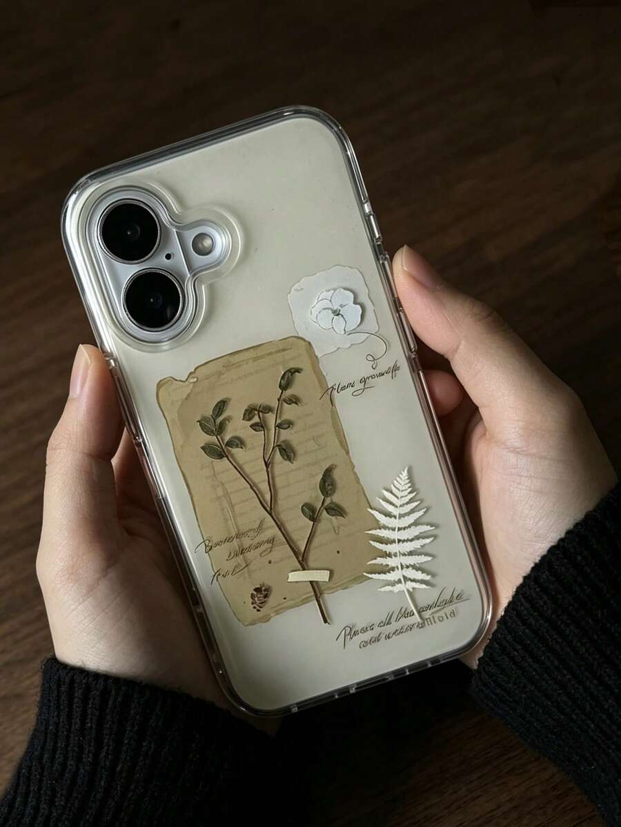 1pc Scratch‑Resistant Nostalgia Old Paper Fern Floral Splicing Protective Case, Unisex Fit, Ideal For Weekend Outing Photo Shooting, Great Festival Surprise Gift Compatible With IPhone11 12 13 14 15 16 17 Pro Max - Multicolor - View 1