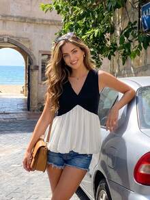 Women's V-Neck Color Block Pleated Casual Versatile Daily Wear Top Black Summer - Black - View 7