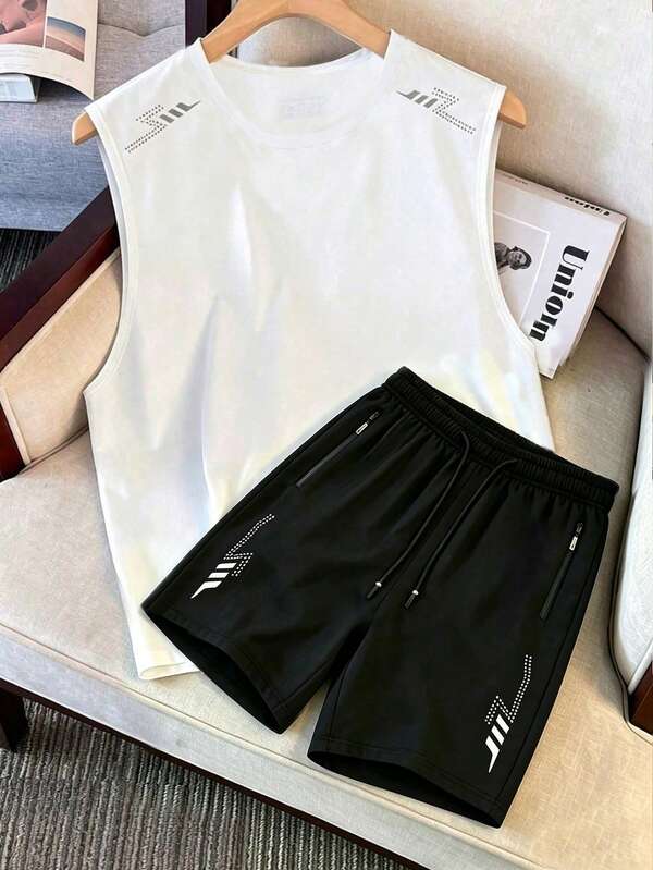 2pcs Men's Casual Loose Fit Tank Top And Shorts Set, Couple Beach Holiday Outfit, Comfortable Gift For Husband/Boyfriend
