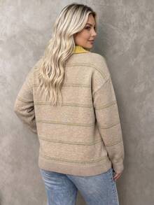 Plus Size Women's Casual Vintage Knit Polo Shirt, Button Design, Long Drop Shoulder Sleeves, Regular Length, Suitable For Daily Wear - Apricot - View 7
