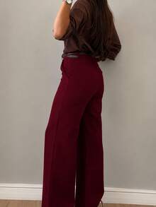 Women's Tailored Wide Leg Trousers With Button And Zipper - 酒紅色 - 查看 3