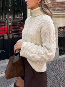 Happyevery Women's Autumn/Winter Casual French Style Solid Color Vintage High Neck Cable Knit Long Sleeve White Sweater Fall - White - View 1