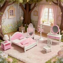 Set Model Furnitur Kamar Tidur Mini Warna Pink & Putih, Termasuk Tempat Tidur Mini, Meja Rias dengan Cermin, Gantungan Baju, Kursi, Meja Nakas, Lampu Meja, Cermin Panjang, Koleksi Hiasan Dekoratif Tampilan Pemandangan Lanskap 3D - MultiWarna - View 2
