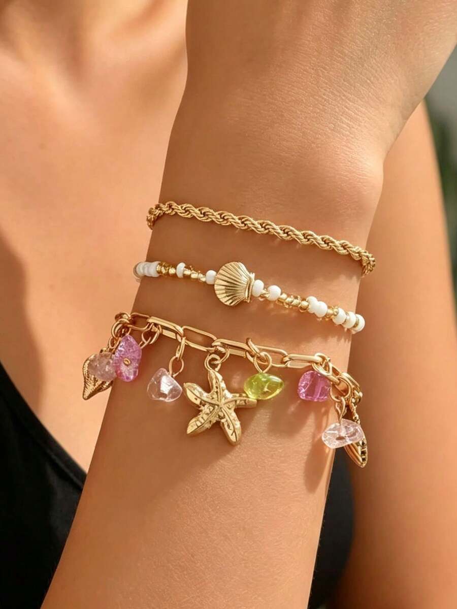 3pcs/Set Beach Rice Bead & Shell Bracelet Set, Summer Versatile Starfish & Shell Rice Bead Bracelet Set - Gold - View 1