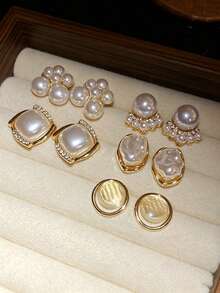5pcs/Set Vintage Faux Pearl Silver Needle Earrings, Minimalist Luxury Earring Set - Multicolor - View 7