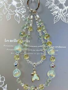 1pc Light Mint Green Double-Layer Fish Tail Crystal Beaded Phone Chain Bag Pendant - Multicolor - View 2