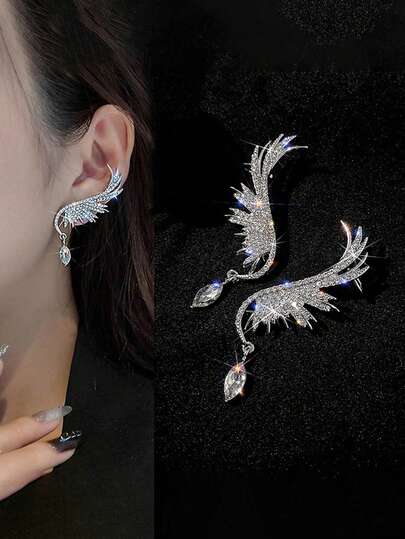 2 piezas Pendientes de clip con alas de ángel de cristal estilo coreano, elegantes y brillantes, brazaletes de oreja con alas de cristal, pendientes de boda de lujo con strass para mujeres