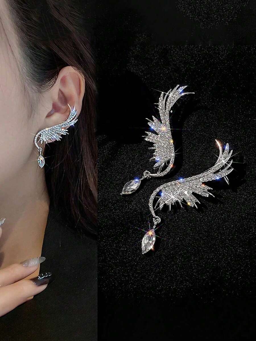 2pcs Korean Style Crystal Angel Wing Clip Earrings, Elegant & Shiny Crystal Winged Ear Cuffs, Luxury Bridal Wedding Rhinestone Earrings For Women - Multicolor - View 1