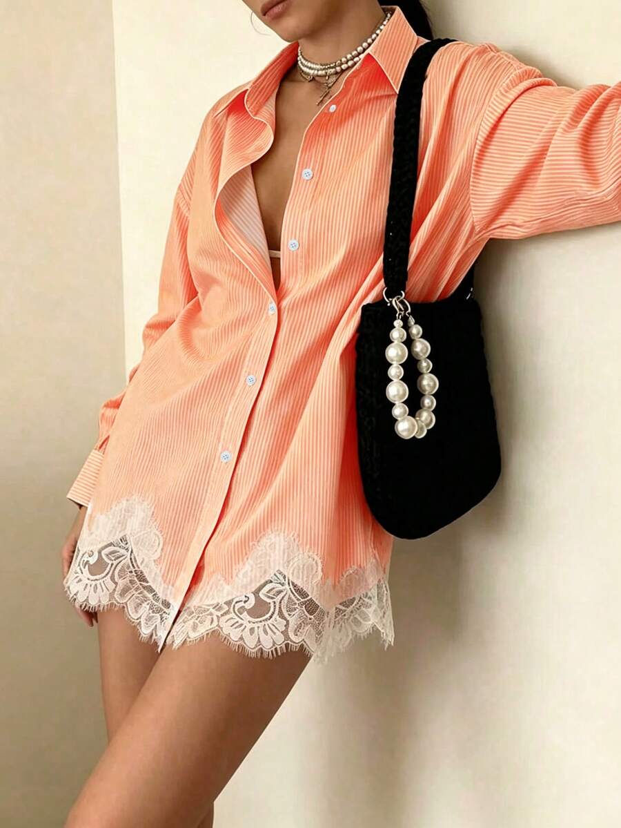 Women's Fashion Shirt Collar Long Sleeve Contrast Color Lace Button Front Regular Fit Top, Suitable For Autumn Wear - Orange - View 1