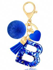 Cute A-Z Initial Keychain With Royal Blue Pom Pom, Heart And Tassel, Minimalist Personalized Key Chain For Women, Bag Charm, Daily Wear Accessory And Gift - Royal Blue - View 17