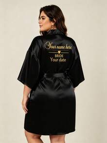 Plus Size Customized Name Women's Wedding Morning Robe, Personalized Bride & Bridesmaid Pajamas, Elegant Bridesmaid Gift, Customized Text Nightgown For Morning Preparation - Black - View 2