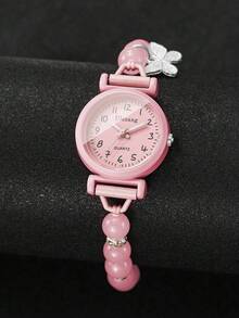 Women's Adjustable Cord Beaded Watch With Butterfly Pendant, Small Digital Dial, Versatile Niche Quartz Wristwatch, Gift For Girlfriend (1pc/Set) Watch Box Not Included - Pink - View 6