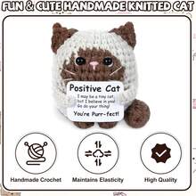 1pc Handmade Crochet Positive Cat Figurine, Mini Knitted Cat Doll With Positive Message Card, Desktop Tabletop Ornament Decor, Small Handcrafted Animal Statue For Office Home Shelf Display, General Gift For Friends Coworkers Family - Multicolor - View 4