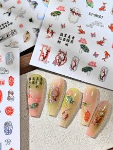 12入中式美甲貼紙 梅花鳥花枝圖案 自黏式美甲裝飾貼花 DIY美甲裝飾 - 彩色 - 查看 8