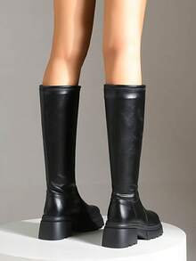 Women's Minimalist Black Elastic Leather Riding Boots, Round Toe, Zipperless Slip-On Design, Serrated Thick Sole, Height-Increasing, Versatile Over-The-Knee Boots, Autumn/Winter - Black - View 5