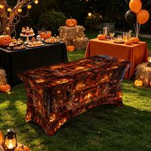 1pc Halloween Pattern Printed High Elasticity Tablecloth With Elastic Band - Stretchable Fit, Washable And Reusable Table Cover Suitable For Dining Table, Buffet Table, Dessert Table, Banquet, Holiday Party Decoration, Halloween, Birthday, Wedding - Suitable For Kitchen Use - Multicolor - View 5