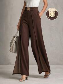 Mature Women's Brown High Waist Wide Leg Pants, Metal Buckle Belt Pleated Loose Fit Elegant Business Casual Trousers - Coffee Brown - View 1