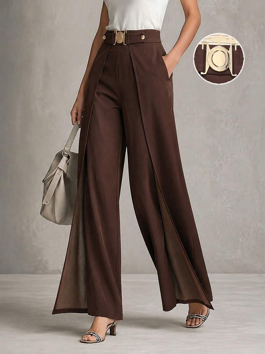 Mature Women's Brown High Waist Wide Leg Pants, Metal Buckle Belt Pleated Loose Fit Elegant Business Casual Trousers - Coffee Brown - View 1