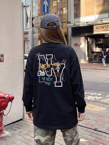 女款春夏/秋冬寬鬆版型百搭圓領時尚休閒字母印花長袖T恤黑色 - 黑色 - 查看 5