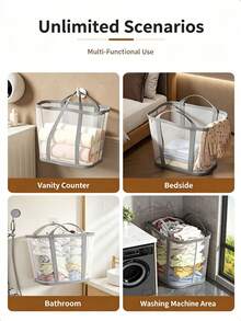 1pc Minimalist Laundry Basket, Breathable Mesh Fabric With Reinforced Handle Detail, Foldable Wall-Mounted Large Capacity Storage, Laundry Basket Bathroom Accessory, Suitable For Bathroom, Room Decor, Home Bathroom And Bedroom Daily Use - Multicolor - View 6