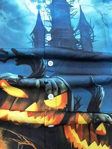 Halloween Pumpkin Castle & Bat Print Men's Plus Size Button-Up Short Sleeve Holiday Shirt - Cadet Blue - View 5