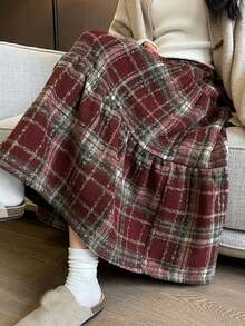 Women's Autumn/Winter Red Plaid Wool Flattering High Waist Versatile Cake Midi Umbrella Skirt - Burgundy - View 4