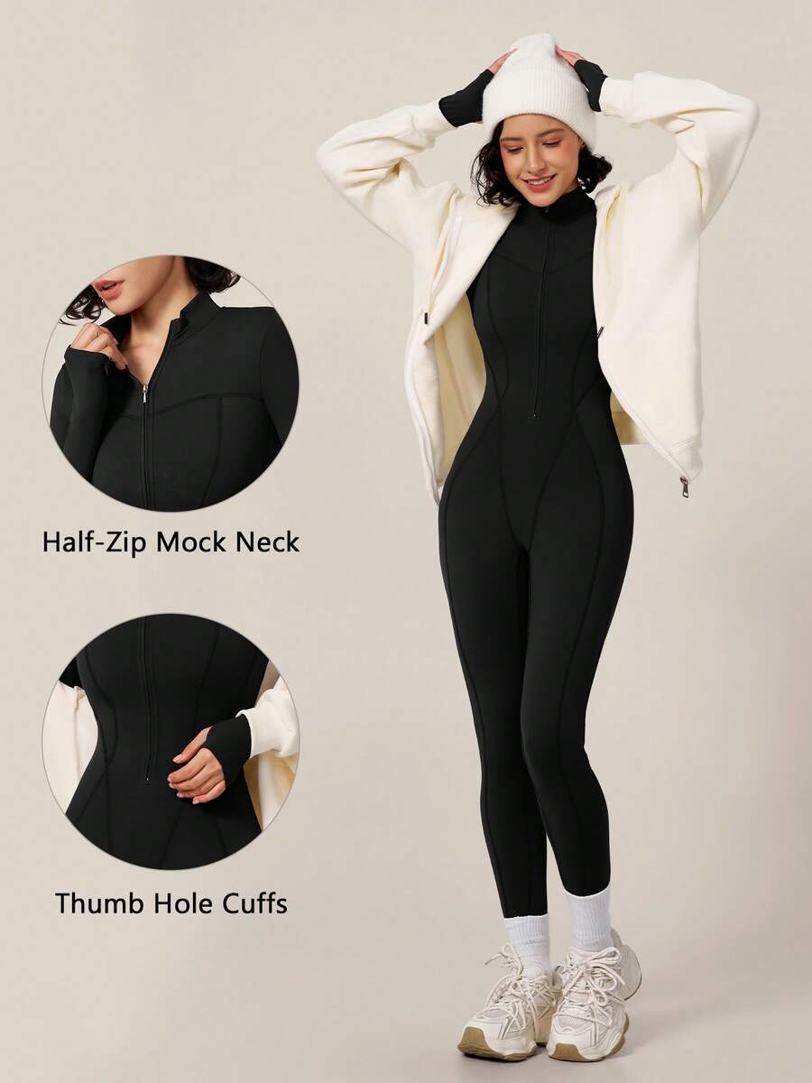 TimeOff Women's 1pc Solid Color Stand Collar Zipper Thumb Hole Long Sleeve Slim Fit Sports Jumpsuit - Black - View 1