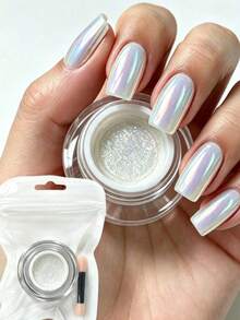 1 Pote 0,2g Pó de Unha Aurora Laser Moonlight com Almofada de Ar, Verão, Ultrafino, Efeito Espelhado Ombré, Glitter para Esfregar, Pigmento Unicórnio, Acompanha Ferramentas de Aplicação - Multicolorido - Visão 1