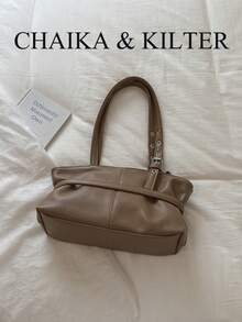 CHAIKA & KILTER 1pc Solid Color PU Fabric Tote Bag, Women's Vintage Fashion Shoulder Tote Bag, Dual Handle Design, Zipper Closure, Strap Decoration, Suitable For Daily And Outing Use (Sold With Pendant) - Khaki - View 9