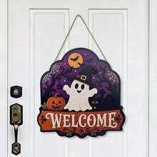 New Halloween Wooden Welcome Door Sign With Ghost And Pumpkin Wall Decor For Holiday Party - Multicolor - View 4