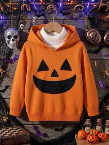 Boys Casual Solid Color Pumpkin Pattern Knit Pullover Hoodie Sweater Long Sleeve Suitable For Daily Wear Party Spring Autumn Winter - Orange - View 3