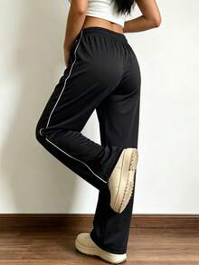 Women's Loose Straight Leg Casual Sports Long Pants, Drawstring Waist, Side Stripes, Suitable For Daily Wear And Outdoor Activities, Autumn - Black - View 2