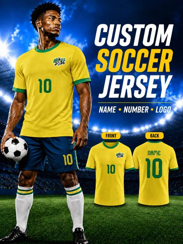 1 Peça Camisa de Futebol Masculina com Tema do Brasil: Amarelo Brilhante. Pode Adicionar Seu Nome, Número Favorito e Logotipo. Confortável. Presente. Uso Esportivo/Rua/Casual. Verão