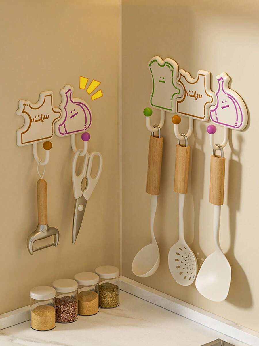 3pcs Kitchen Adhesive Hooks No-Drill Wall Mounted Organizer With Onion Ginger Garlic Design, Waterproof Storage Solution For Home Bathroom Bedroom Decor Accessories - Multicolor - View 1