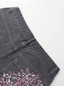 Men's Wide Leg Jeans, Decorative Faux Back Pockets With Cherry Blossom Tree Embroidery, Vintage Street Style Casual Long Pants - Grey - View 5