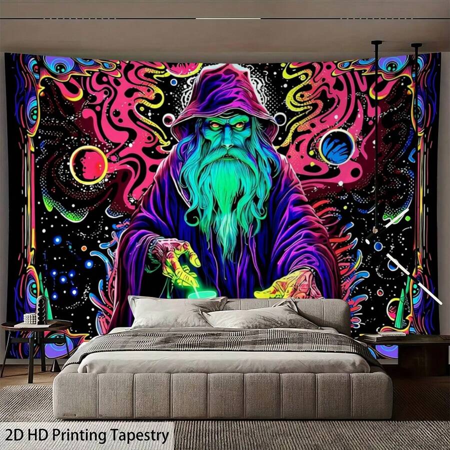 Border Wizard Tapestry Mystic Magician Money Magic Pattern Swirl Abstract Eye Cosmic Print Wall Hanging Black Base Color Aesthetic Room Backdrop Decor Cloth - Border - View 1