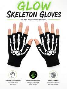 1 Pair Halloween Glow-In-The-Dark Skeleton Fingerless Knit Gloves, Ghost Hand Cosplay Party Costume Accessory - A - View 8