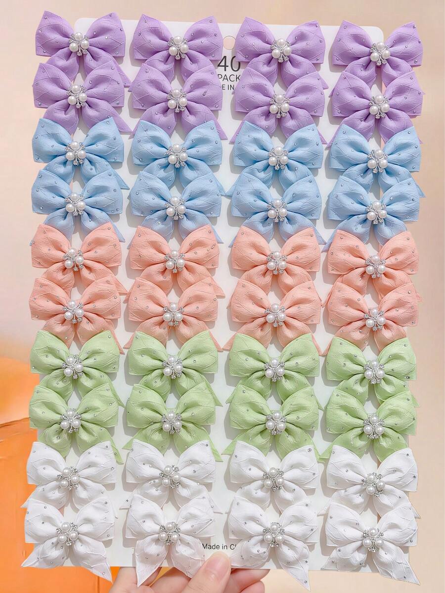 10/5pcs Jacquard Textured Rhinestone Fabric Large Bow Hair Clips, Durable And Gentle On Hair, Basic Cute Sweet Hair Accessories-Suitable For Girls And Kids, Daily Wear, Vacation, School, - Multicolor - View 1