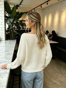 Women's Fall Winter Asymmetric Neck Off-Shoulder Solid Color Ribbed Long Sleeve Loose Casual Versatile Knitted Pullover Top - White - View 3