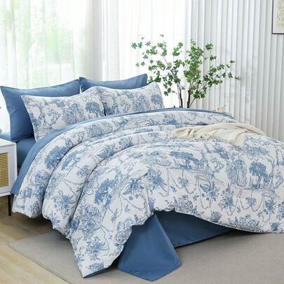 3pcs Botanical Leaf Comforter Set Queen King Size (1 Comforter 2 Pillowcases),Soft Microfiber Blue Floral Quilting Doona Bedding Set For Bedroom All Season,Christmas Gift, Room Decor,Machine Washable