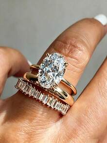 Eterna Glow Elegant Women's 3-Piece Gold Ring Set, Inlaid With Sparkling Oval Cubic Zirconia, Noble Wedding Party Stackable Engagement Wedding Accessory Jewelry - Style 1 - View 1