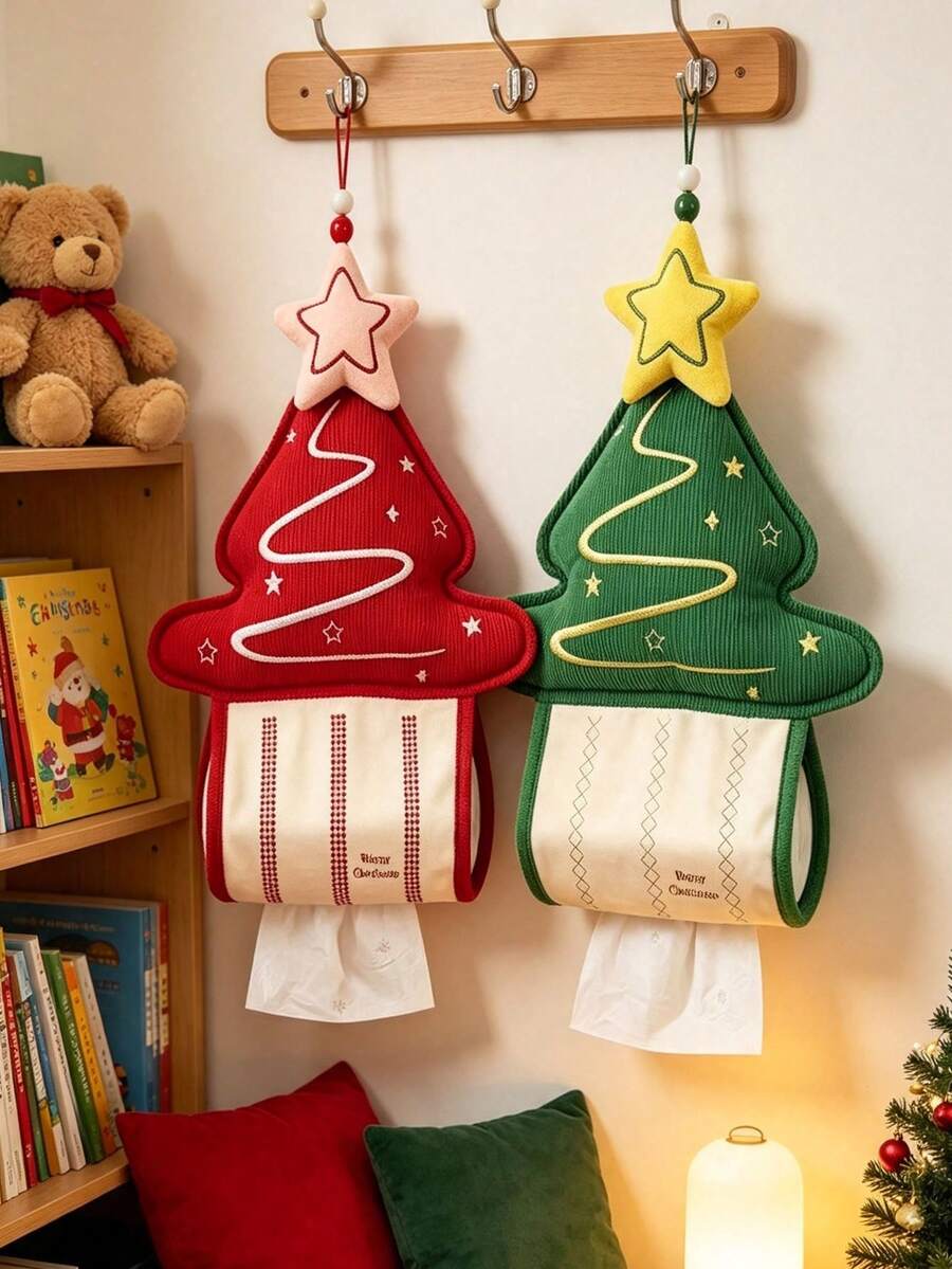 1PC Red Green Christmas Tree Pattern Hanging Tissue Holder, Festive Cute Corduroy Fabric Tree‑Shaped Tissue Dispenser, Star Embroidery With Hanging Loop, Space‑Saving Wall‑Mount Tissue Pouch For Xmas Home Living Room Christmas Party Decor Use - Multicolor - View 1