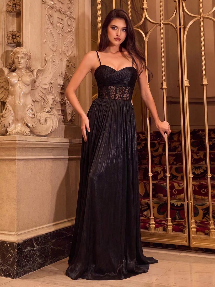 BluePlum Elegant Tulle Spaghetti Strap Boned High Waist Tie Back Open Back Formal Evening Gown, Suitable For Prom, Wedding Guest, Date, Dinner - Black - View 1