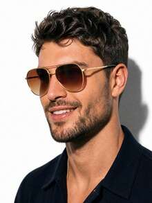 1 Pair Fashion Men's Classic Aviator Sunglasses Metal Frame Large Frame Dark Lens For Vacation And Travel - Gold - View 1