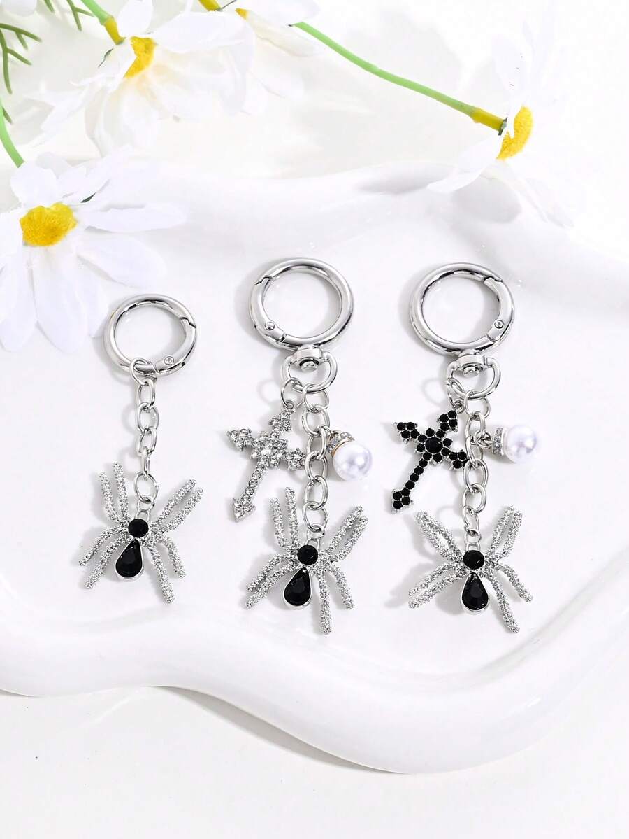 1pc Halloween Gothic Rhinestone Spider Bow Cross Faux Pearl Keychain Bag Charm, Car Decor, Couple Pendant, Party Gift - Multicolor - View 1