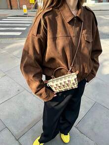 Autumn/Winter New Dark Brown Suede Collar Epaulettes Patch Pockets Zipper Elastic Hem Baseball Jacket Casual Vacation Minimalist Commute Style Faux Pockets Daily Date Travel - Brown - View 3